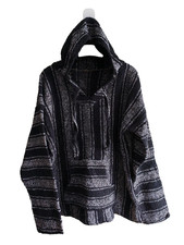 Mexican Baja Hoodie Unisex Large Striped Hippie Festival Black White Vintage 