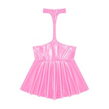 UK Women PVC Leather Cupless Ruffled Dress Halter Sleeveless Backless Mini Dress