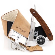 Wooden Straight Cut Throat Shaving Razor Kit Barber Salon Leather Strop Paste