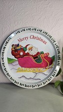 Vintage Merry Christmas Santa Round Metal Drinks Serving Tray 1980s