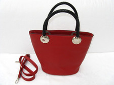 Red Faux Leather Bag With 2 Black Top Handles + Shoulder Strap Multiple Pockets