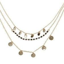 Delicate Layered NECKLACE Three Strand BLACK Bead GOLD Tone Multi DISC Pendant
