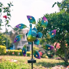 Peacock Garden Decor Wind Spinner LightUp Windmill Solar Powered LED Glass Globe