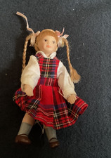 Dolls House Girl in Tartan Pinafore Miniature Porcelain 3.5” Tall