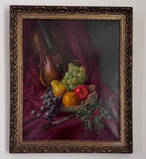 Antique oil painting  Flemish style Fruits and Violin framed  signed W.Walker