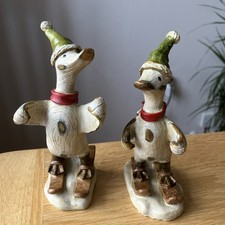 Pair Christmas Sking Geese/Ducks With Santa Hat & Scarfs Ornaments BHS