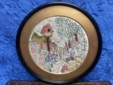 8'' Metal Framed, Hand Embroidered Cotton, Cottage Garden & Dovecote c.1920's