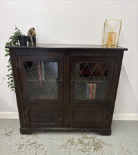 Vintage Jaycee Oak Display Cabinet, Leaded Glass Doors & Carved Detail Bookcase
