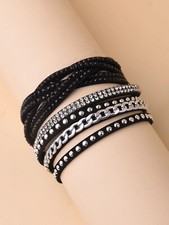 Women's Black Woven Fabric Rhinestone Silver Metal Layered Bracelet Bangle Wrap