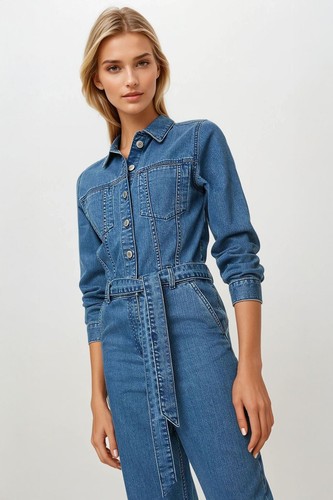 Blue denim belted jumpsuit - blue,