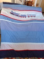 Dunelm Single Boy's Reversible Bed Cover Train design blue white & red. Used