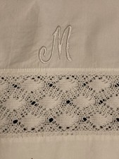 Antique  Embroidered Pillowcase "M"  Monogram White Crocheted Lace Insert