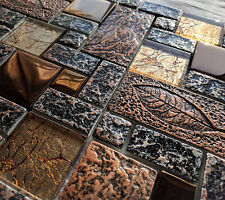 Nature Design High Relief 3D Stone Metal Glass Copper Leaf Mosaic Tile 30 x 30cm