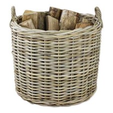 Grey & Buff Rattan Round Wicker Log Storage Woven Basket Fireplace Wood Fire