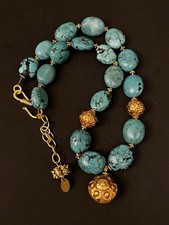 Gold Tone Turquoise Gemstone Necklace Heavy Statement Boho Unusual Signed