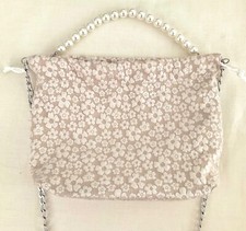 Champagne White floral fabric drawstring Dolly Bag Pearl Handle & Chain strap