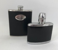2x Black Leather and Stainless Steel Hip Flasks