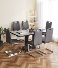Dining Table Set Grey Glass and Grey High Gloss Rectangle 6 Faux Leather Chairs