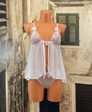 White sexy sissy sheer net babydoll peignoir gown with panties UK 12-14 R1905