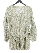 Hannah Women's Top L Green Paisley 100% Linen Long Sleeve V-Neck Tunic