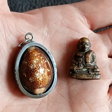 Thai Buddha Wealth Amulets Bia Kae (Cowry Shell) And Lp Ngern Bronze Statue