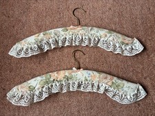 2 x Vintage 1980s Matching Floral Fabric Lace Trimmed Padded Coat Hangers VGC 