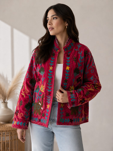 Pink velvet suzani embroidered - pink,