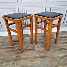 Retro Vintage Pair 2 Wooden Kitchen Stools – Mid Century Seats - Vinyl Tops MCM
