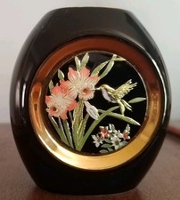 Black Chokin Vase  24K  Gold Edged With Colourful Bird And Flowers Picture