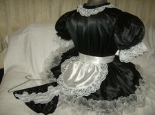 SISSY~MAIDS~ADULT BABY~UNISEX~CD/TV LOCKABLE BLACK SATIN, ORG & LACE DRESS OUTFI