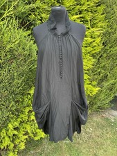 Shakuhachi Black Silk Button High Neck Mini Dress Pockets Draped Hem UK10 Bali