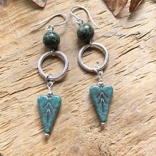 African Turquoise & Green Czech Glass Leaf & Silver Dangle Earrings. Hippie Boho