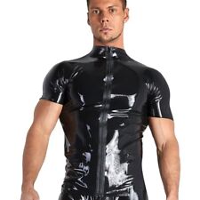 Sleeve Men T-shirt Top Zipper Clubwear Vest Costume PVC Leather Underwear Long