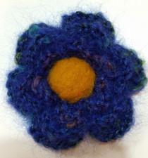 Brooch. Flower. Blue. Handmade. Mohair. 9cm. Yellow needle felted centre.
