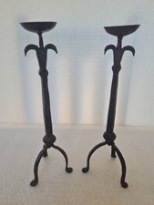 Antique Tall Forged Iron Candlesticks / Candle Holders - Brutalist / Gothic 31cm