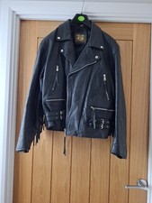 Men's Black Leather Biker Jacket Size 46 With Fringe Tassles 