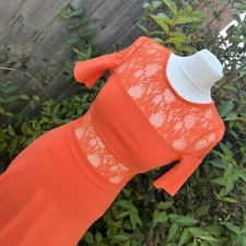 French Connection Orange Stretch Lace Detail Fit & Flare Dress UK 8