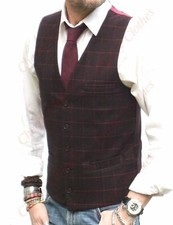 Mens Burgundy Wine Red Check Tailored Fit Waistcoat Vest Gilet Wool Handle Tweed