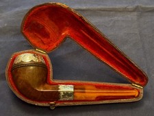 ANTIQUE BRIAR BULLDOG PIPE, AMBER STEM, CASED, ETCHED SILVER BANDS, CHESTER 1891