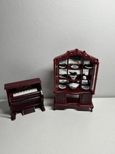 Dolls House Vintage Style Mahogany Dresser & Crockery Display + Piano 1:12