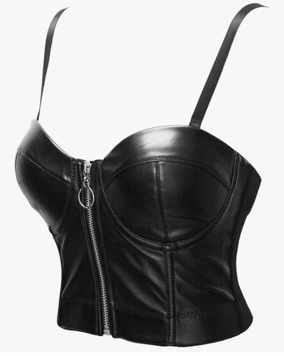 Black pleather zip - -up, bustier
