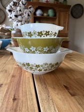 Vintage Pyrex Spring Blossom Crazy Daisy Nesting Cinderella Mixing Bowls USA x3