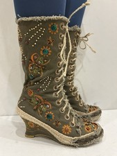 Gorgeous Blu Boho Chic Embroidered Knee High Espadrille Wedge Boots UK5