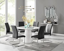 PALAMA White High Gloss Round Pedestal Table & 6 Faux Leather Lorenzo Chairs