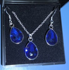 Deep Sapphire Blue Crystal Drop Pendant Necklace & Earrings Set. Boxed Gift Idea