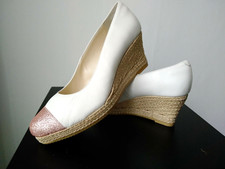 CARMEN SAIZ Ivory Leather Espadrille Wedges with Dusky Pink Glitter Trim 6/39
