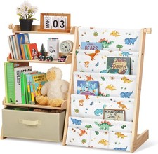 Kids Bookshelf with Toy Storage Box,Wooden Childrens Bookcase with 4 Sling & 3 