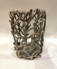 Large Double Layer Silver Metal & Glass Vase/ Candle Holder, 9in tall (w.Candle)