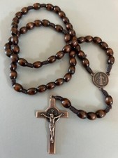 wood bead St Benedict rosary necklace copper colour Crucifix Cross prayer beads