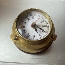 Vintage Brass Marine/Nautical Quartz Clock On Wood Base With Hanging Point